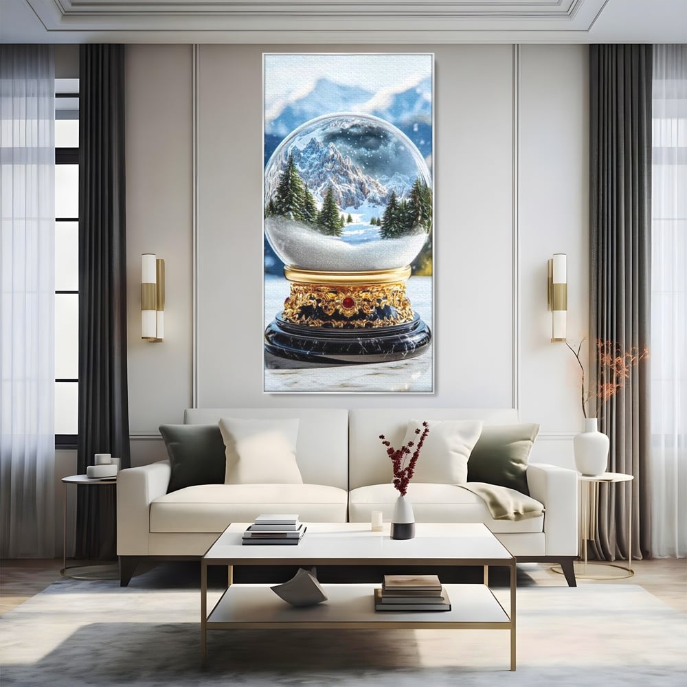Tablou canvas cu tablou canvas cu glob de sticla si munti, in rama de aluminiu argintiu, pe perete intr-un living